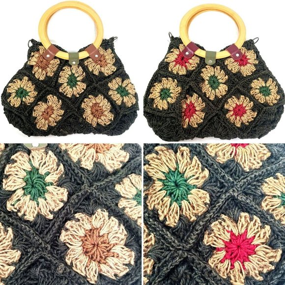 Unbranded Handbags - Jute Floral Crochet Handbag Purse Tote Boho Flowers Patchwork Wood Handle Bag
